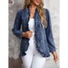 Cross-border European And American Deep Blue Wood-ear Double-breasted Denim Jacket Bubble Sleeve Collar Short Retro Elegant Jacket